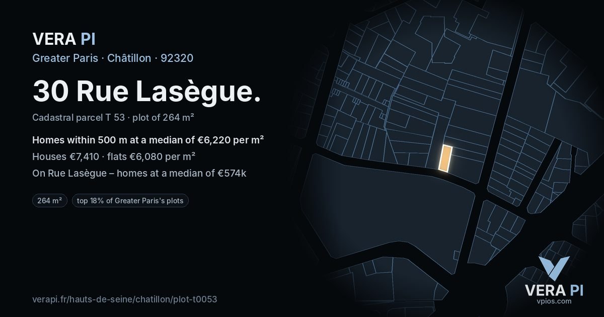 30 Rue Lasègue, Châtillon at night – the plot lit, the parcels around coloured by the prices near them