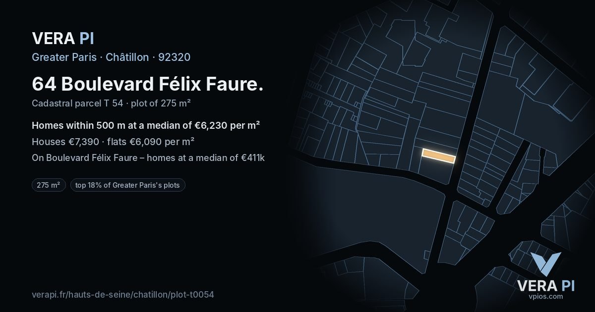 64 Boulevard Félix Faure, Châtillon at night – the plot lit, the parcels around coloured by the prices near them