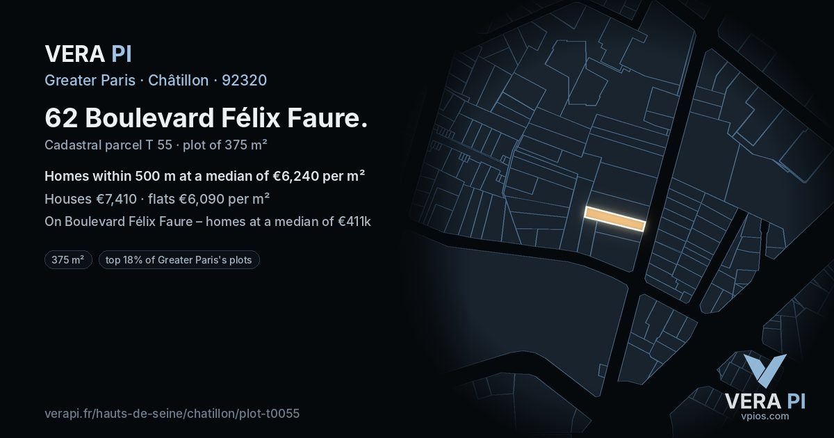 62 Boulevard Félix Faure, Châtillon at night – the plot lit, the parcels around coloured by the prices near them