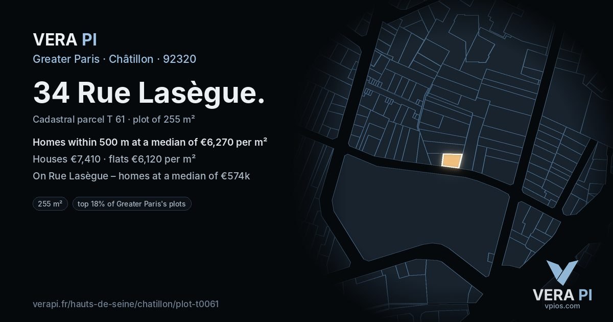 34 Rue Lasègue, Châtillon at night – the plot lit, the parcels around coloured by the prices near them