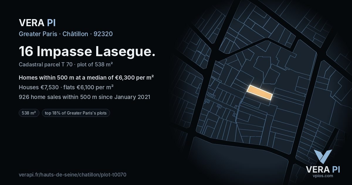 16 Impasse Lasegue, Châtillon at night – the plot lit, the parcels around coloured by the prices near them