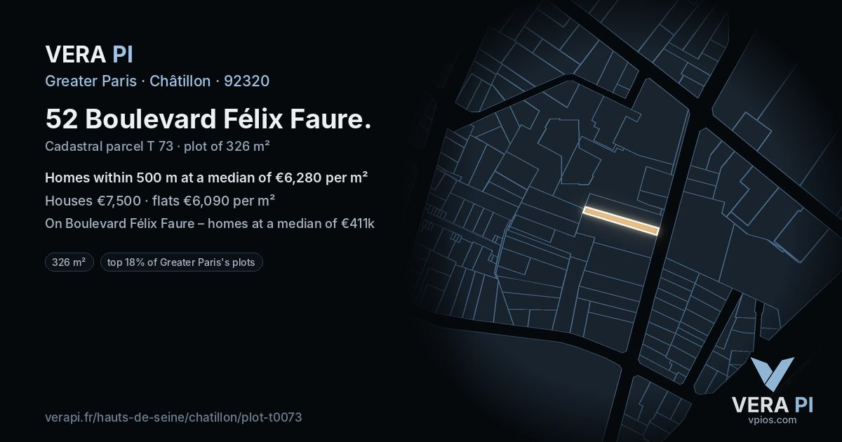 52 Boulevard Félix Faure, Châtillon at night – the plot lit, the parcels around coloured by the prices near them