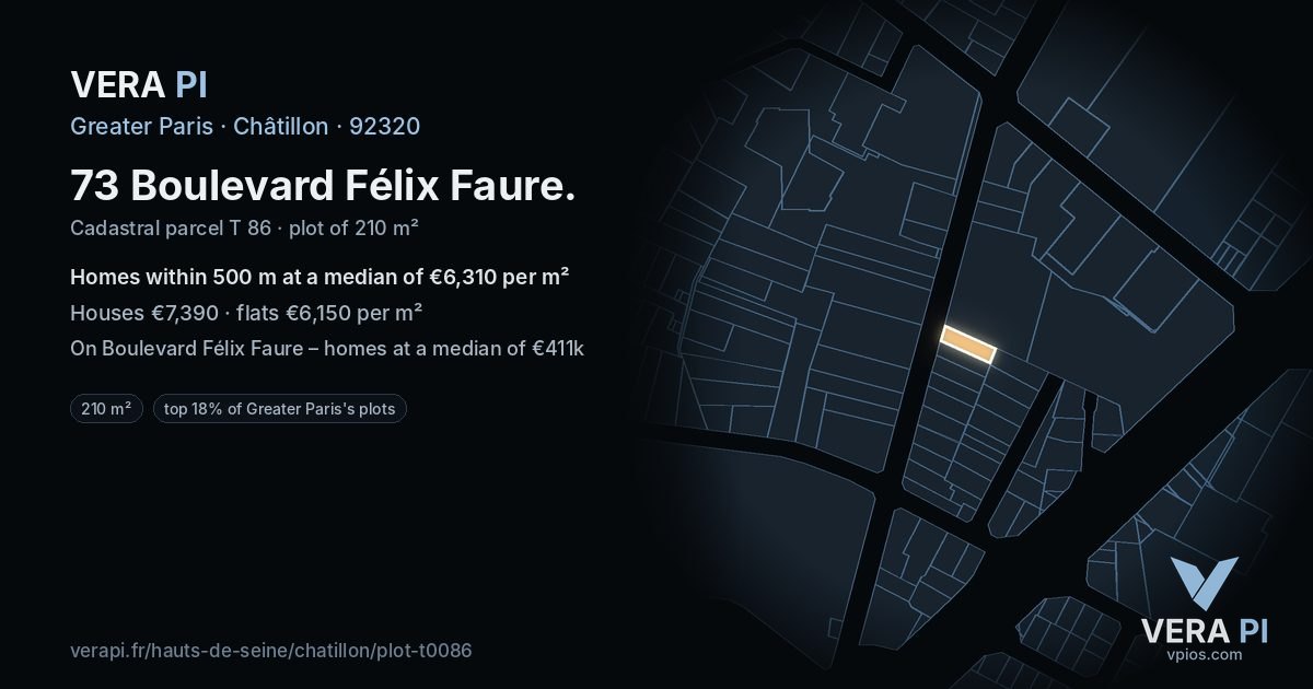 73 Boulevard Félix Faure, Châtillon at night – the plot lit, the parcels around coloured by the prices near them