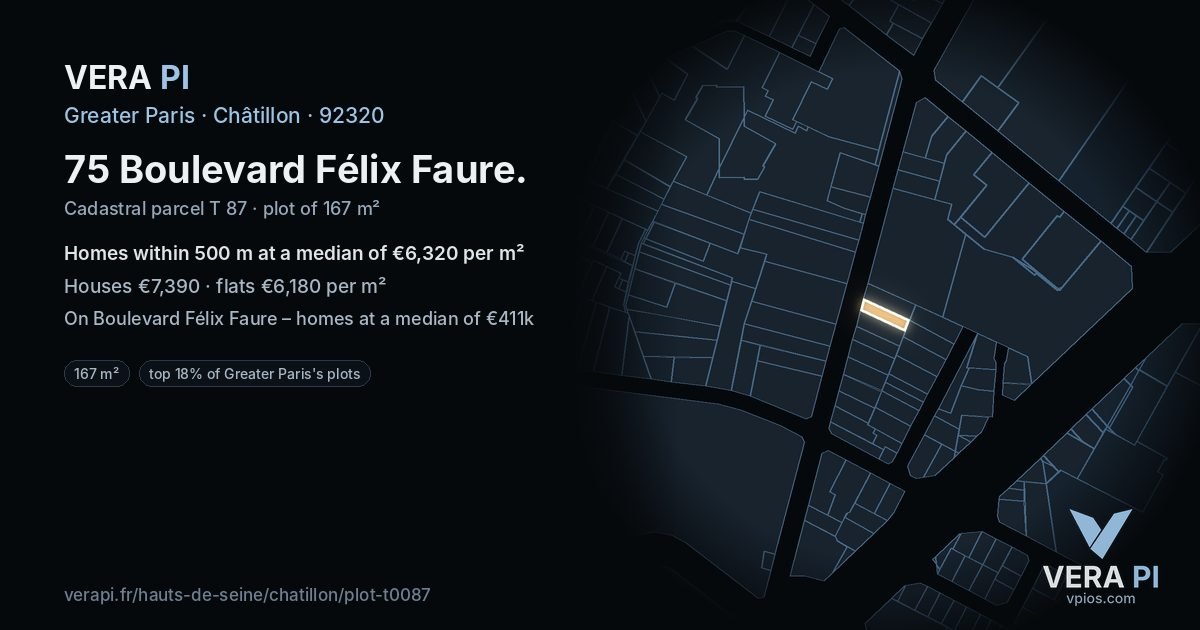 75 Boulevard Félix Faure, Châtillon at night – the plot lit, the parcels around coloured by the prices near them