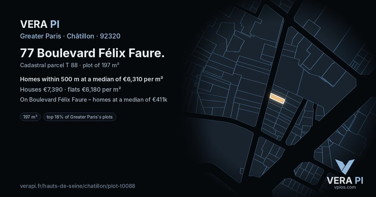 77 Boulevard Félix Faure, Châtillon at night – the plot lit, the parcels around coloured by the prices near them