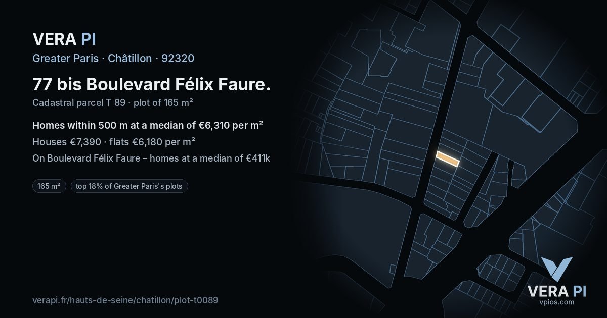 77 bis Boulevard Félix Faure, Châtillon at night – the plot lit, the parcels around coloured by the prices near them