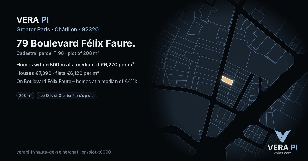 79 Boulevard Félix Faure, Châtillon at night – the plot lit, the parcels around coloured by the prices near them