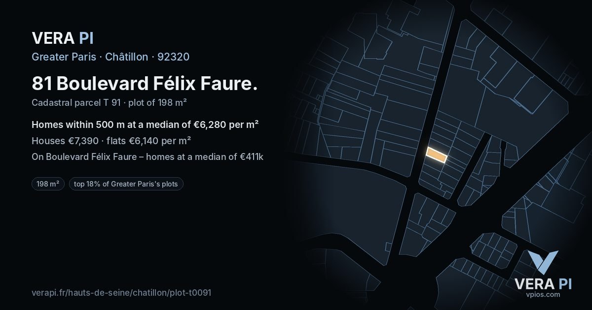 81 Boulevard Félix Faure, Châtillon at night – the plot lit, the parcels around coloured by the prices near them