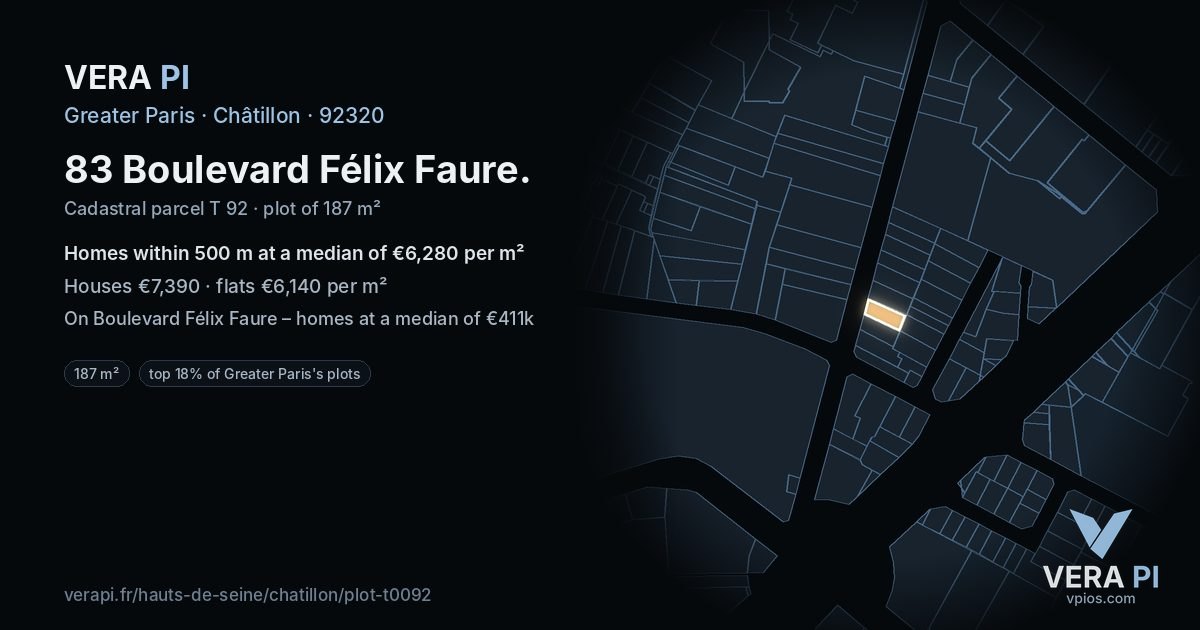 83 Boulevard Félix Faure, Châtillon at night – the plot lit, the parcels around coloured by the prices near them