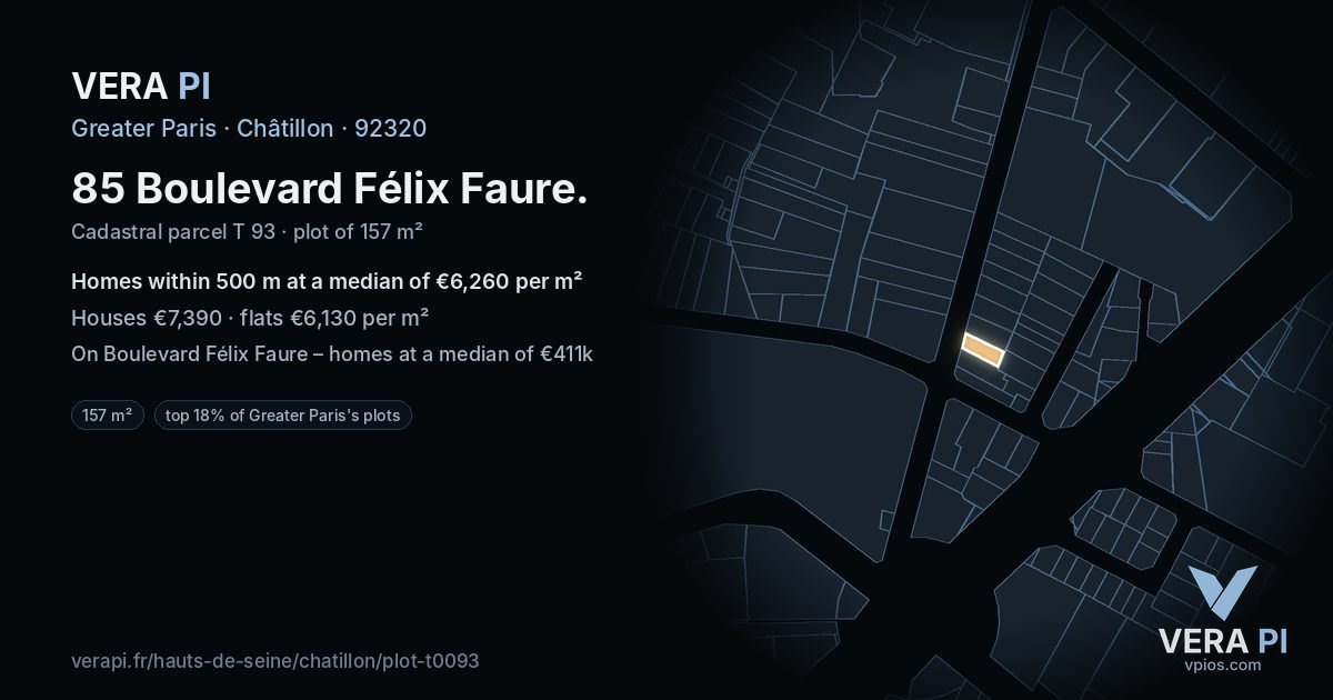 85 Boulevard Félix Faure, Châtillon at night – the plot lit, the parcels around coloured by the prices near them