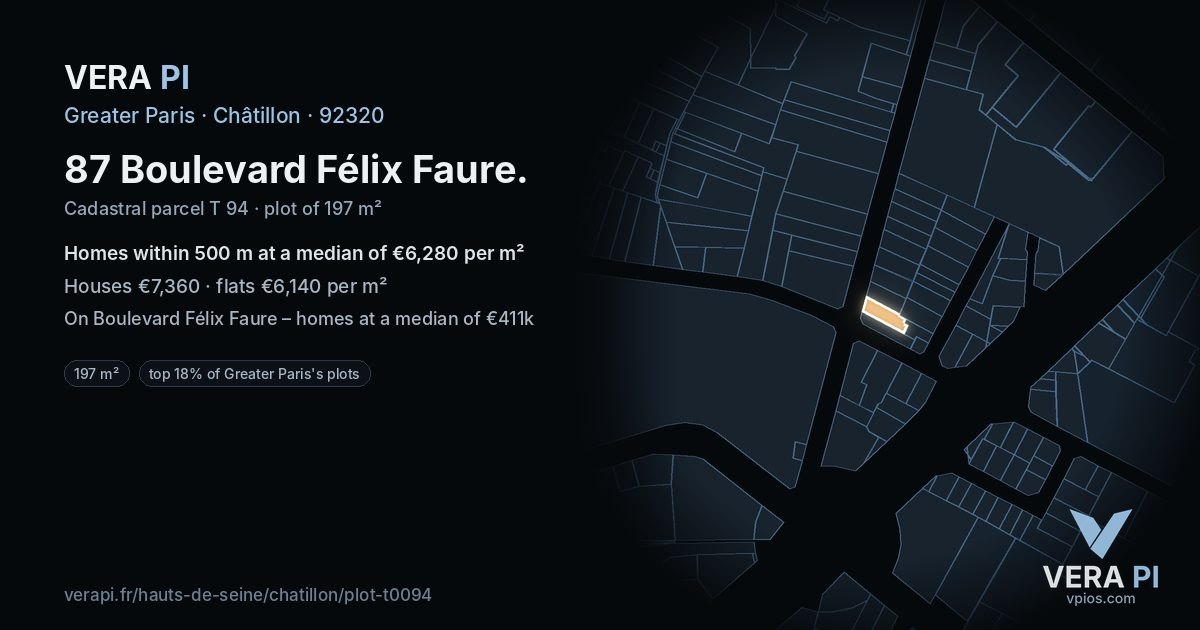 87 Boulevard Félix Faure, Châtillon at night – the plot lit, the parcels around coloured by the prices near them