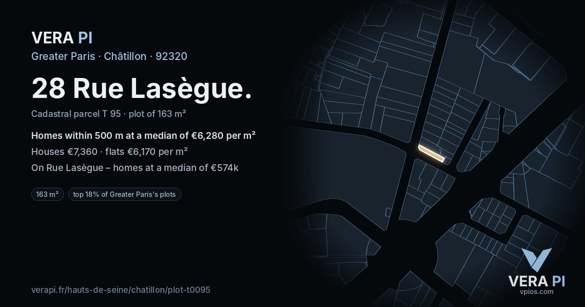 28 Rue Lasègue, Châtillon at night – the plot lit, the parcels around coloured by the prices near them