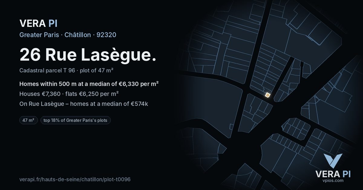 26 Rue Lasègue, Châtillon at night – the plot lit, the parcels around coloured by the prices near them