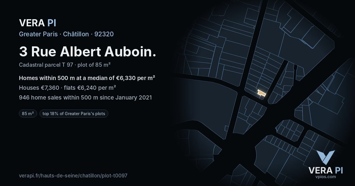 3 Rue Albert Auboin, Châtillon at night – the plot lit, the parcels around coloured by the prices near them
