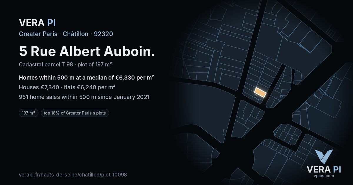 5 Rue Albert Auboin, Châtillon at night – the plot lit, the parcels around coloured by the prices near them