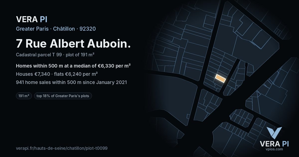 7 Rue Albert Auboin, Châtillon at night – the plot lit, the parcels around coloured by the prices near them