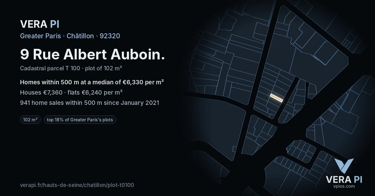 9 Rue Albert Auboin, Châtillon at night – the plot lit, the parcels around coloured by the prices near them
