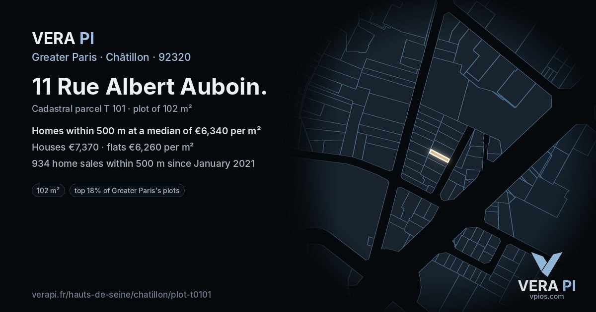 11 Rue Albert Auboin, Châtillon at night – the plot lit, the parcels around coloured by the prices near them