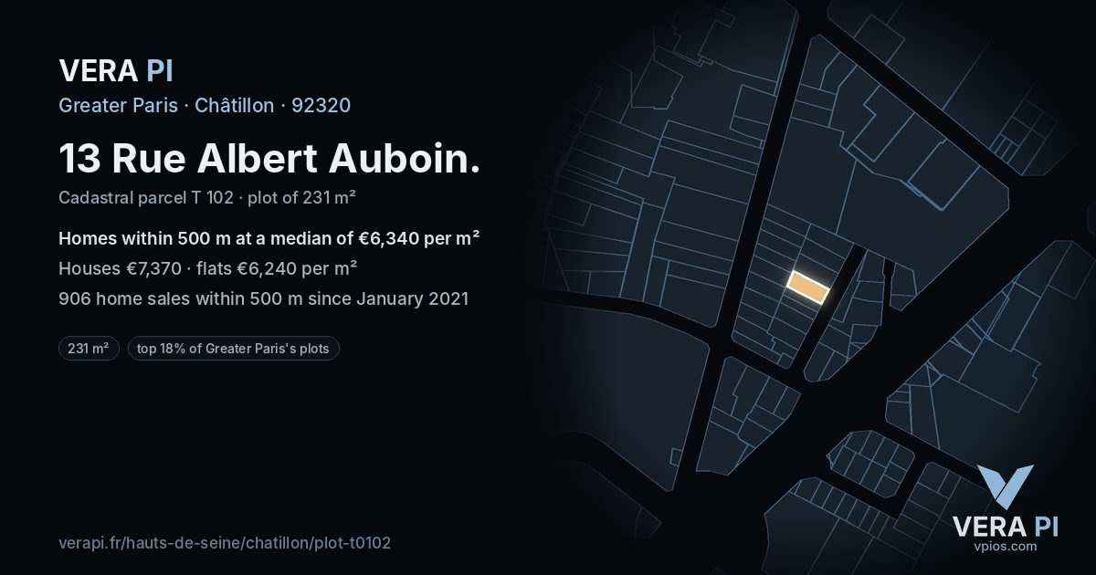 13 Rue Albert Auboin, Châtillon at night – the plot lit, the parcels around coloured by the prices near them