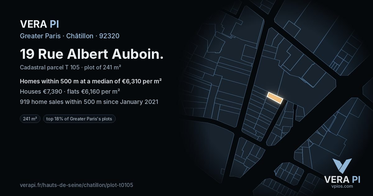 19 Rue Albert Auboin, Châtillon at night – the plot lit, the parcels around coloured by the prices near them