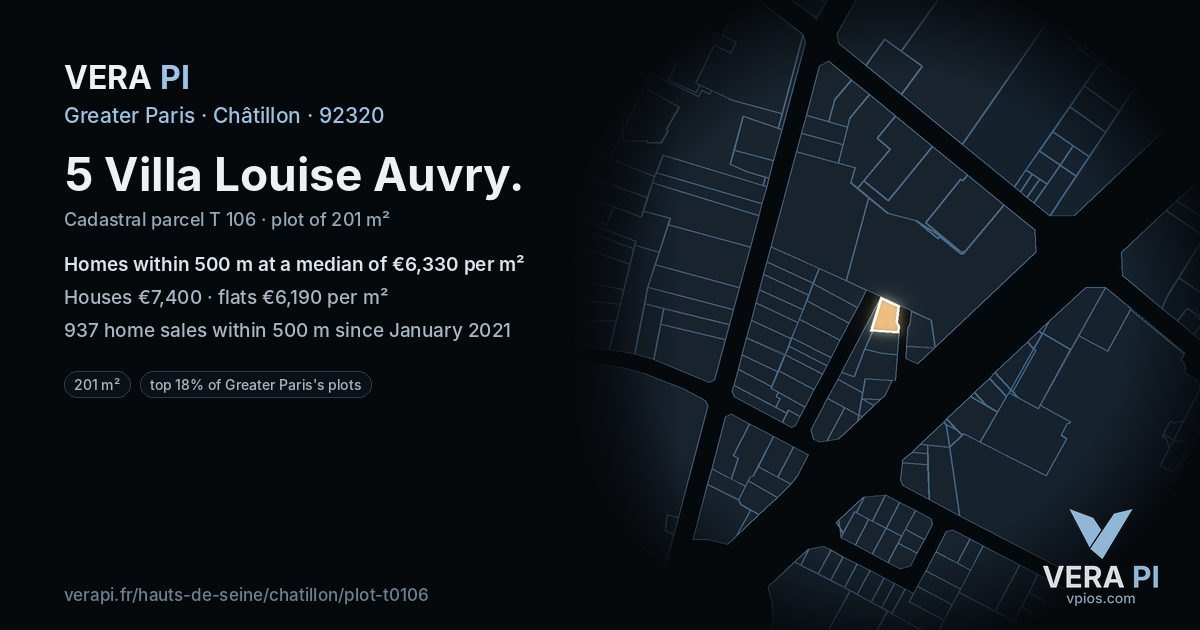5 Villa Louise Auvry, Châtillon at night – the plot lit, the parcels around coloured by the prices near them