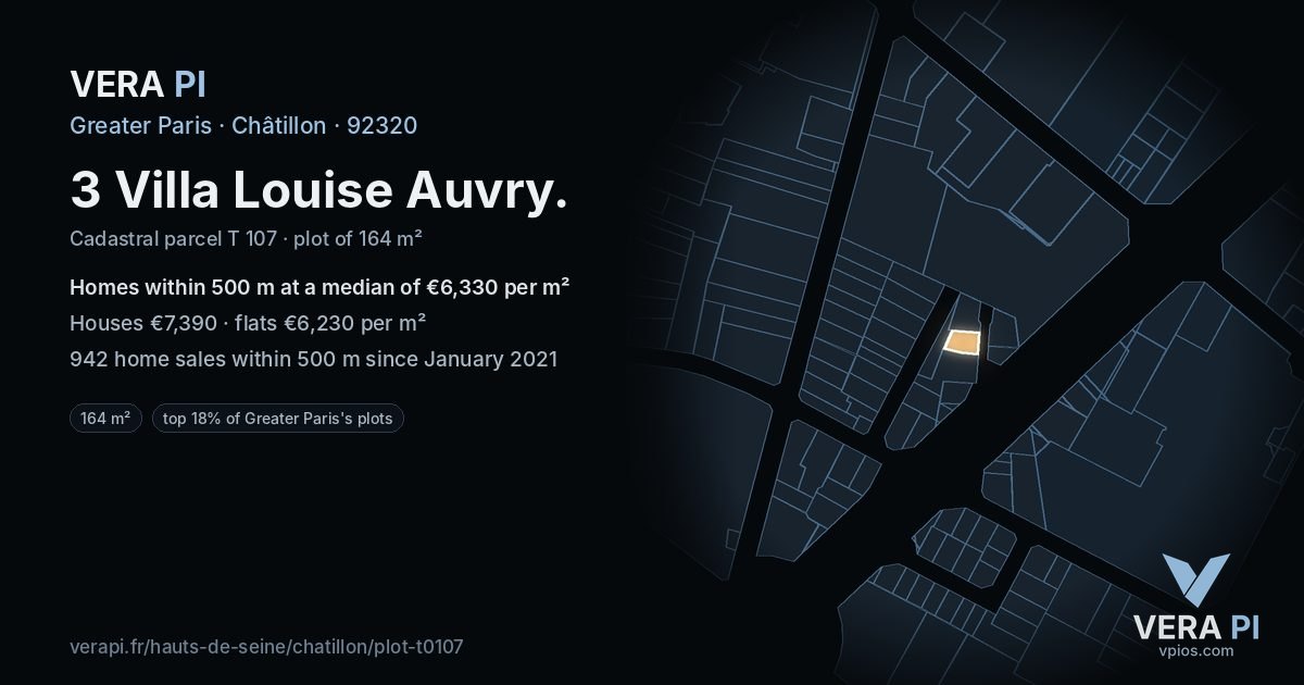 3 Villa Louise Auvry, Châtillon at night – the plot lit, the parcels around coloured by the prices near them