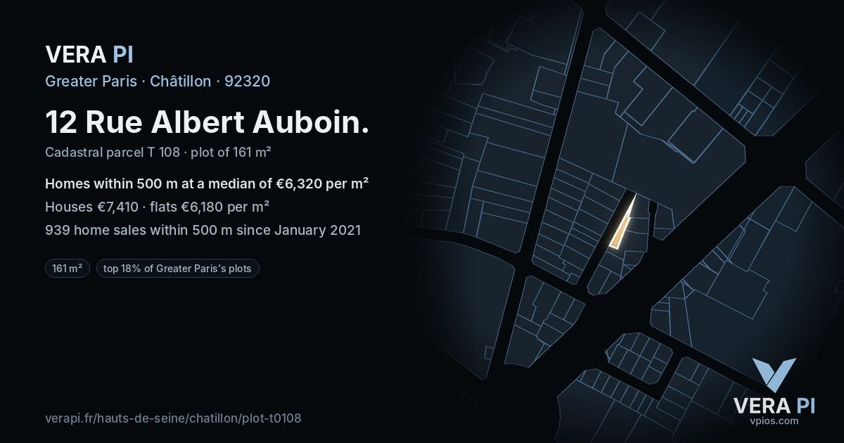 12 Rue Albert Auboin, Châtillon at night – the plot lit, the parcels around coloured by the prices near them