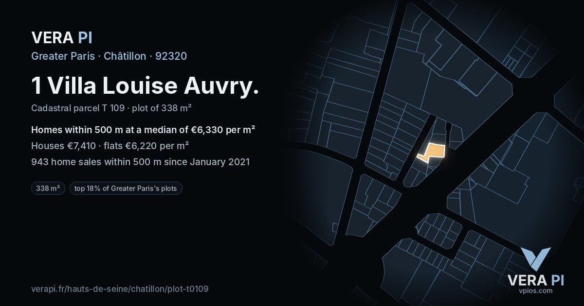 1 Villa Louise Auvry, Châtillon at night – the plot lit, the parcels around coloured by the prices near them