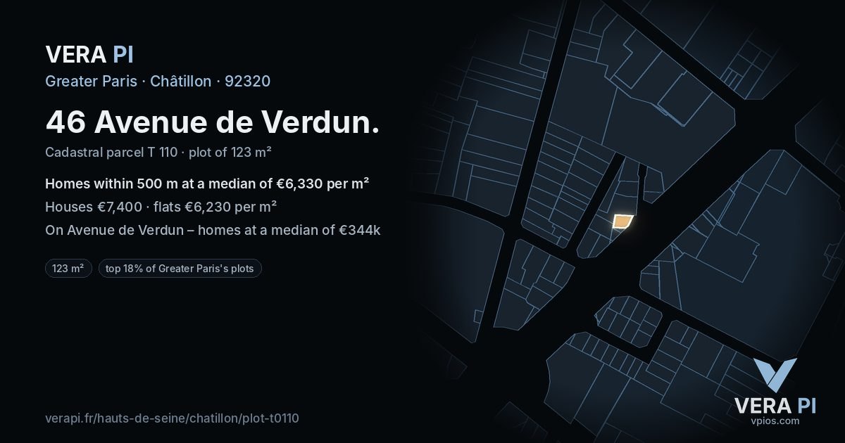 46 Avenue de Verdun, Châtillon at night – the plot lit, the parcels around coloured by the prices near them