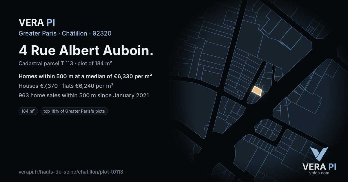 4 Rue Albert Auboin, Châtillon at night – the plot lit, the parcels around coloured by the prices near them