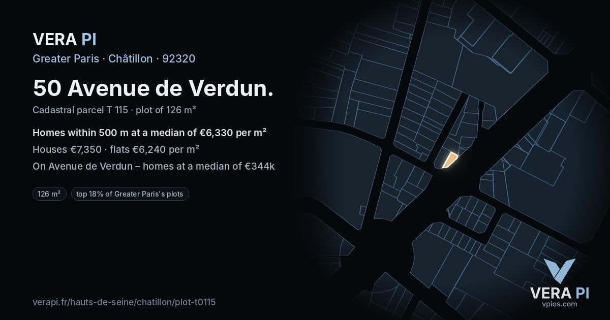 50 Avenue de Verdun, Châtillon at night – the plot lit, the parcels around coloured by the prices near them