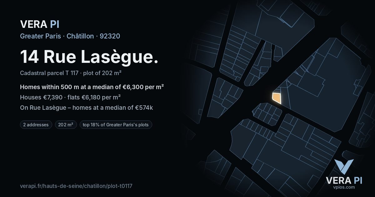14 Rue Lasègue, Châtillon at night – the plot lit, the parcels around coloured by the prices near them