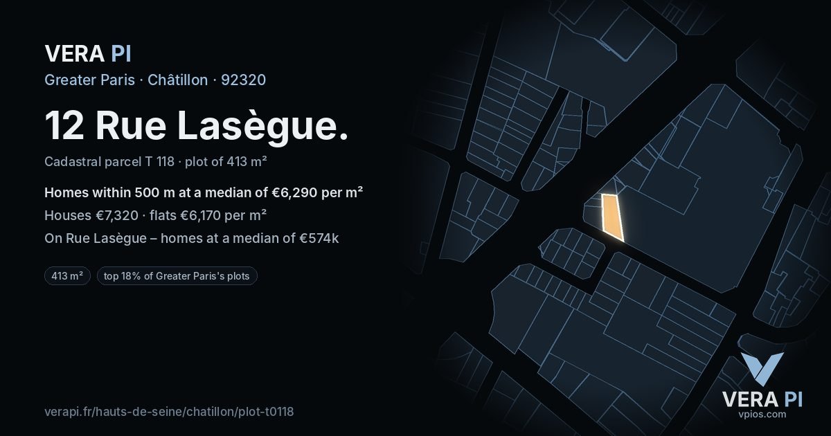 12 Rue Lasègue, Châtillon at night – the plot lit, the parcels around coloured by the prices near them