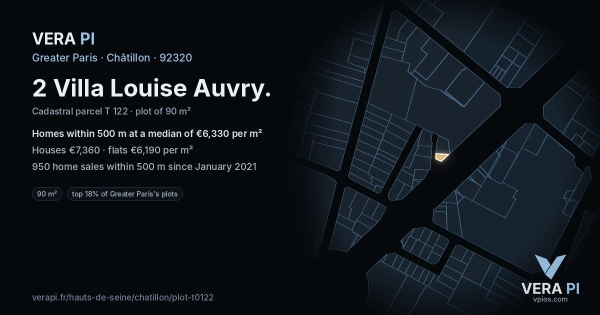 2 Villa Louise Auvry, Châtillon at night – the plot lit, the parcels around coloured by the prices near them