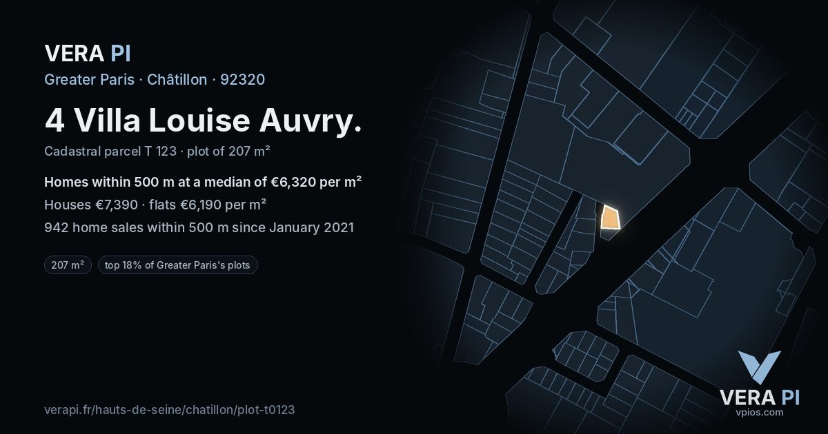4 Villa Louise Auvry, Châtillon at night – the plot lit, the parcels around coloured by the prices near them