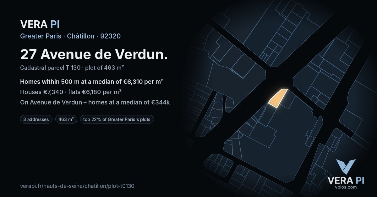 27 Avenue de Verdun, Châtillon at night – the plot lit, the parcels around coloured by the prices near them