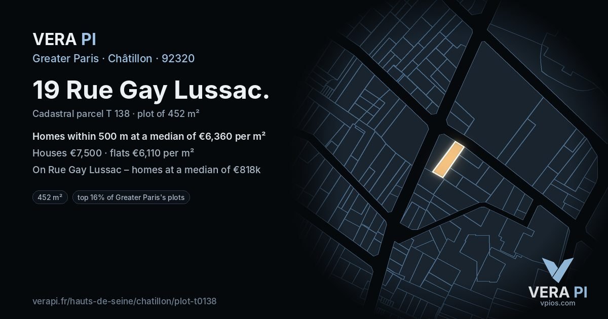 19 Rue Gay Lussac, Châtillon at night – the plot lit, the parcels around coloured by the prices near them