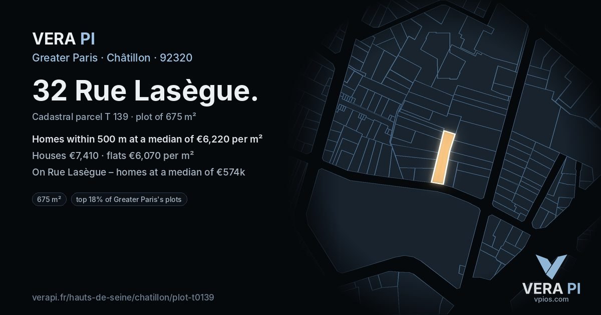 32 Rue Lasègue, Châtillon at night – the plot lit, the parcels around coloured by the prices near them