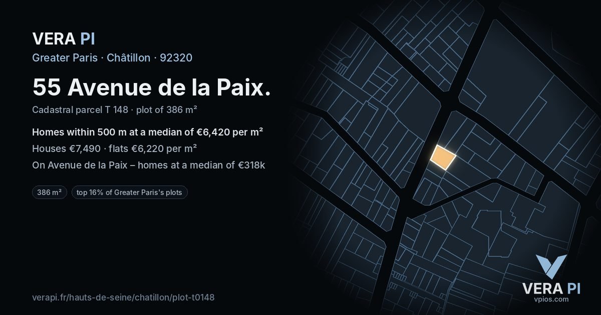 55 Avenue de la Paix, Châtillon at night – the plot lit, the parcels around coloured by the prices near them