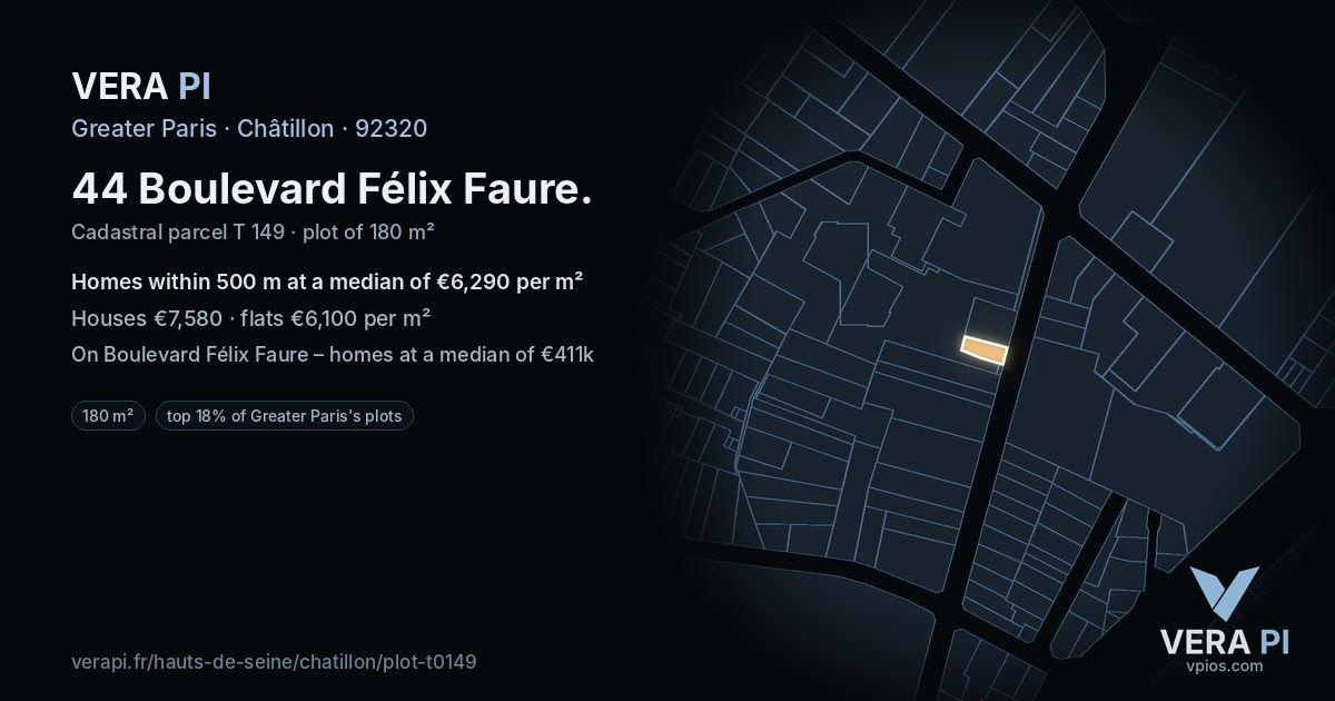 44 Boulevard Félix Faure, Châtillon at night – the plot lit, the parcels around coloured by the prices near them