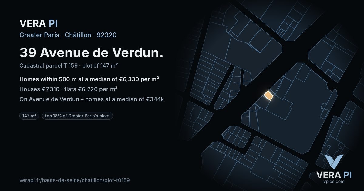 39 Avenue de Verdun, Châtillon at night – the plot lit, the parcels around coloured by the prices near them