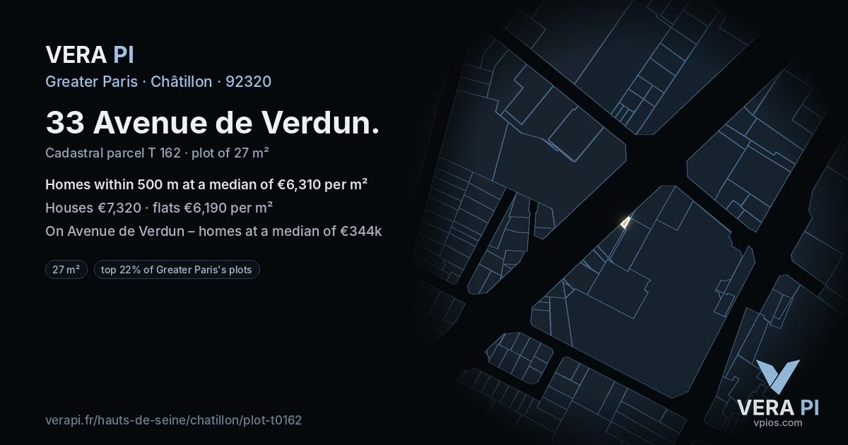 33 Avenue de Verdun, Châtillon at night – the plot lit, the parcels around coloured by the prices near them