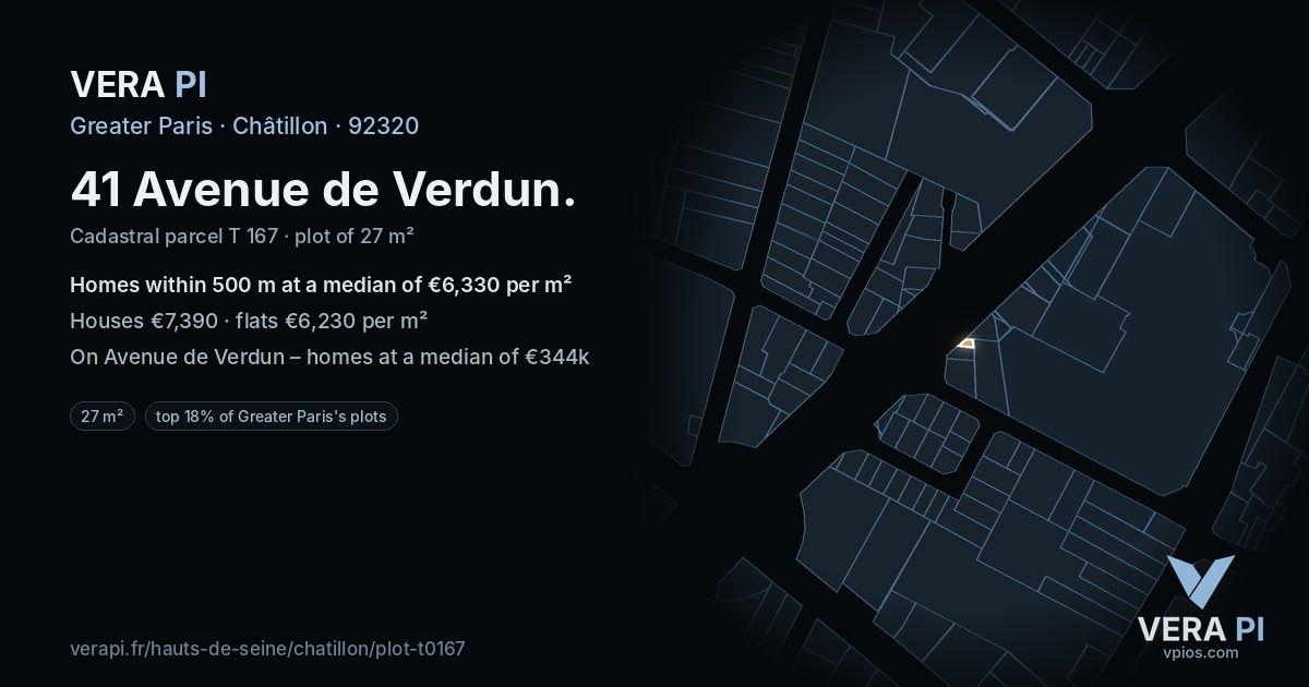 41 Avenue de Verdun, Châtillon at night – the plot lit, the parcels around coloured by the prices near them