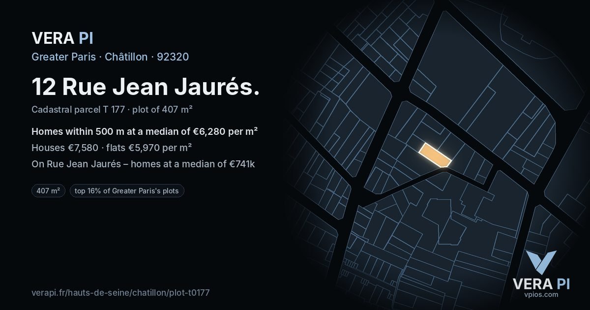 12 Rue Jean Jaurés, Châtillon at night – the plot lit, the parcels around coloured by the prices near them
