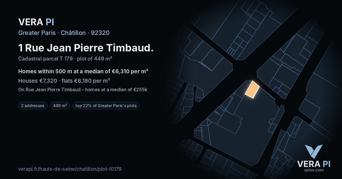 1 Rue Jean Pierre Timbaud, Châtillon at night – the plot lit, the parcels around coloured by the prices near them