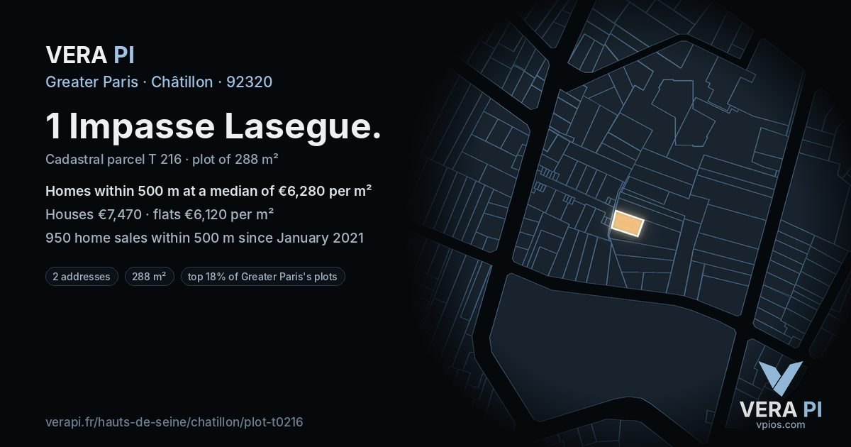 1 Impasse Lasegue, Châtillon at night – the plot lit, the parcels around coloured by the prices near them