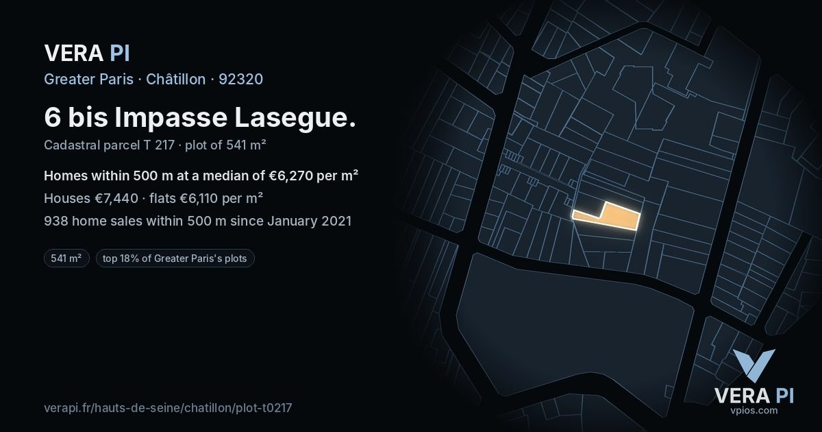 6 bis Impasse Lasegue, Châtillon at night – the plot lit, the parcels around coloured by the prices near them