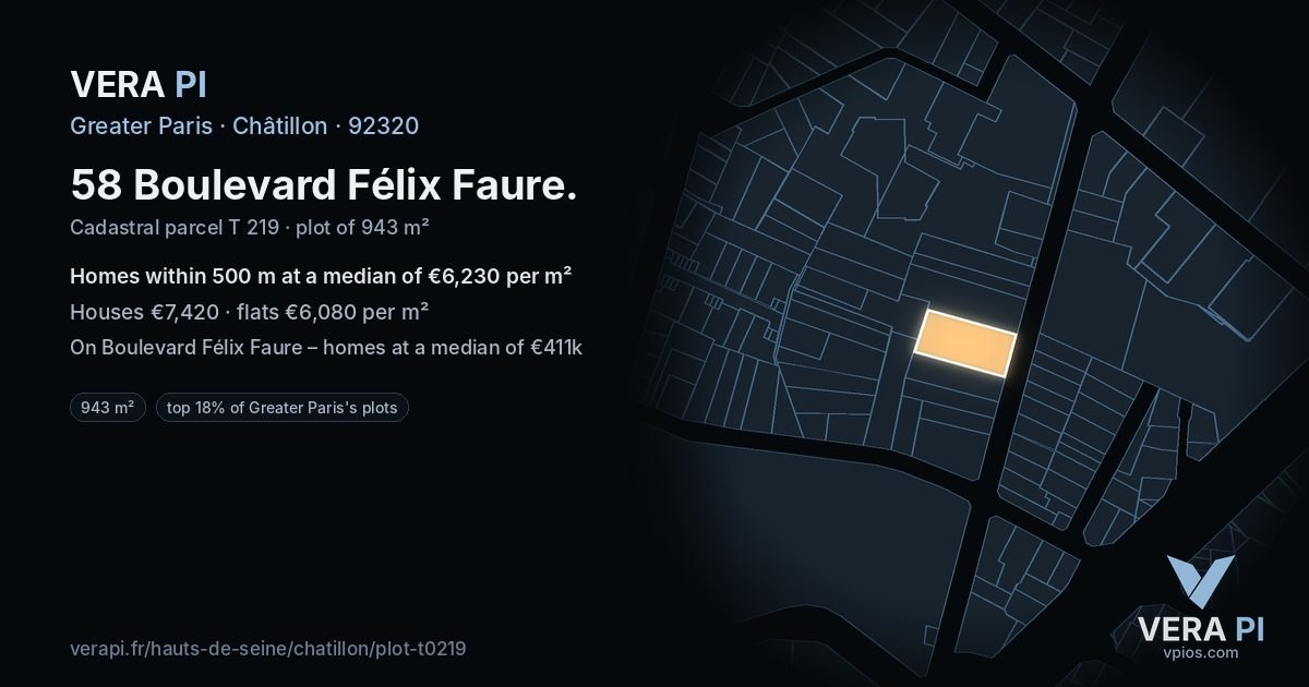 58 Boulevard Félix Faure, Châtillon at night – the plot lit, the parcels around coloured by the prices near them
