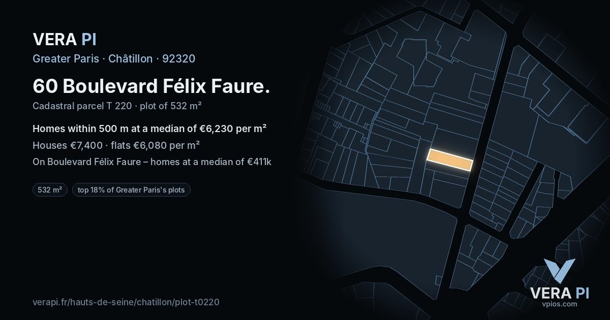 60 Boulevard Félix Faure, Châtillon at night – the plot lit, the parcels around coloured by the prices near them
