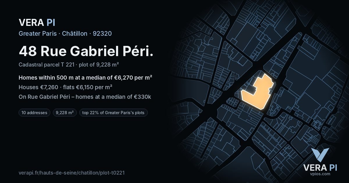48 Rue Gabriel Péri, Châtillon at night – the plot lit, the parcels around coloured by the prices near them
